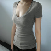BXOXO Solid Slim-fitting Knitted Crop Top Micro-transparent T-shirt Smock Women Sexy Short Sleeve V-neck Tees Shirt Y2k Vintage